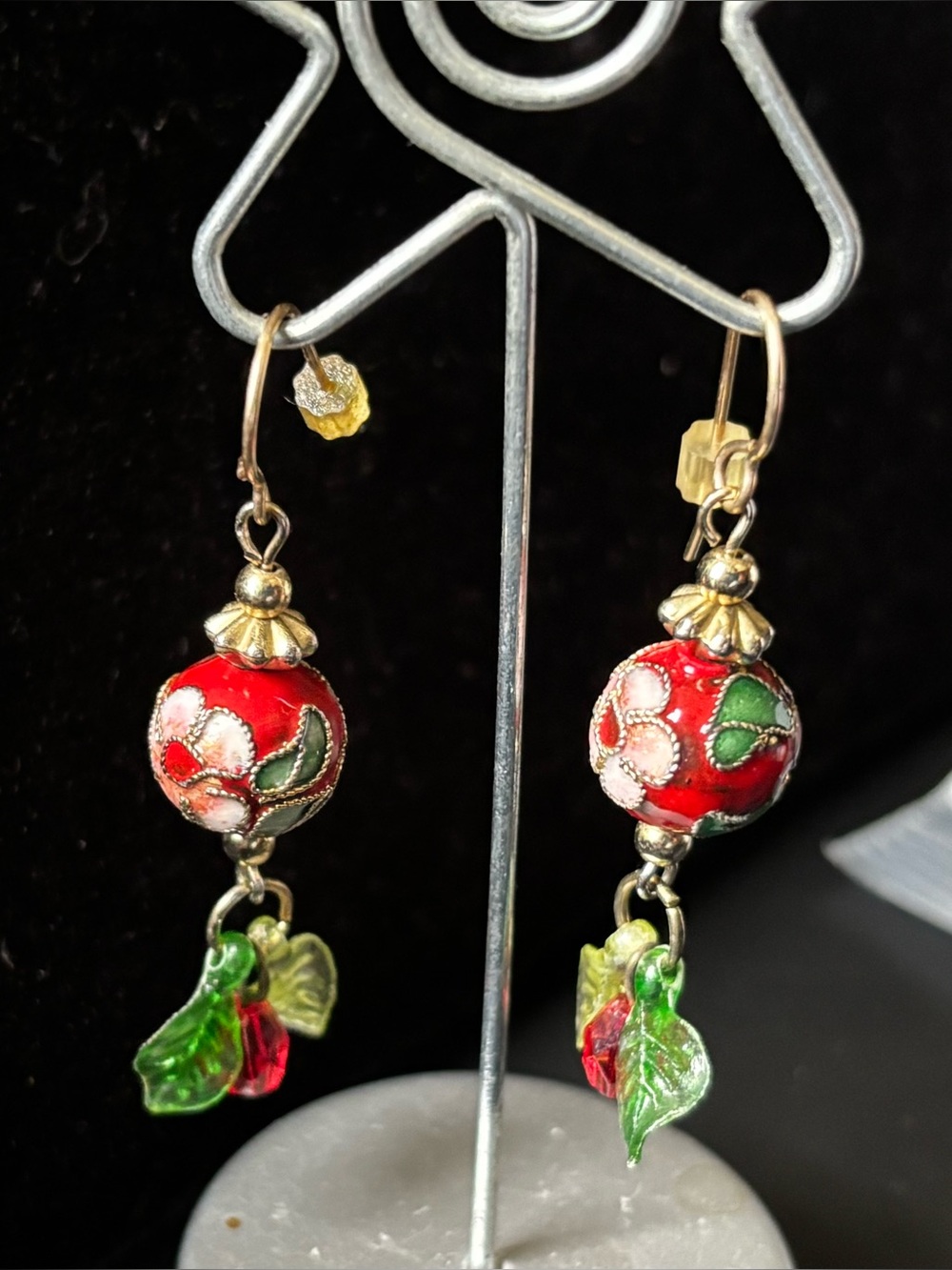 Handmade Red Cloisonné Earrings GF Wires